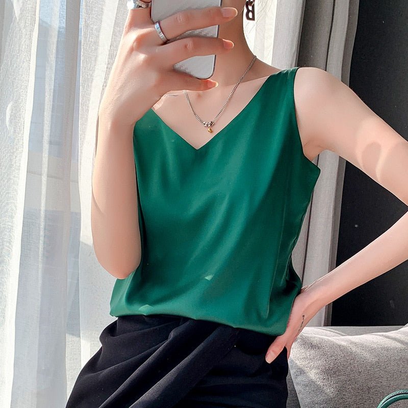 Kvinnors Tank Top V-ringning Silke Lätt Lös Passform-2