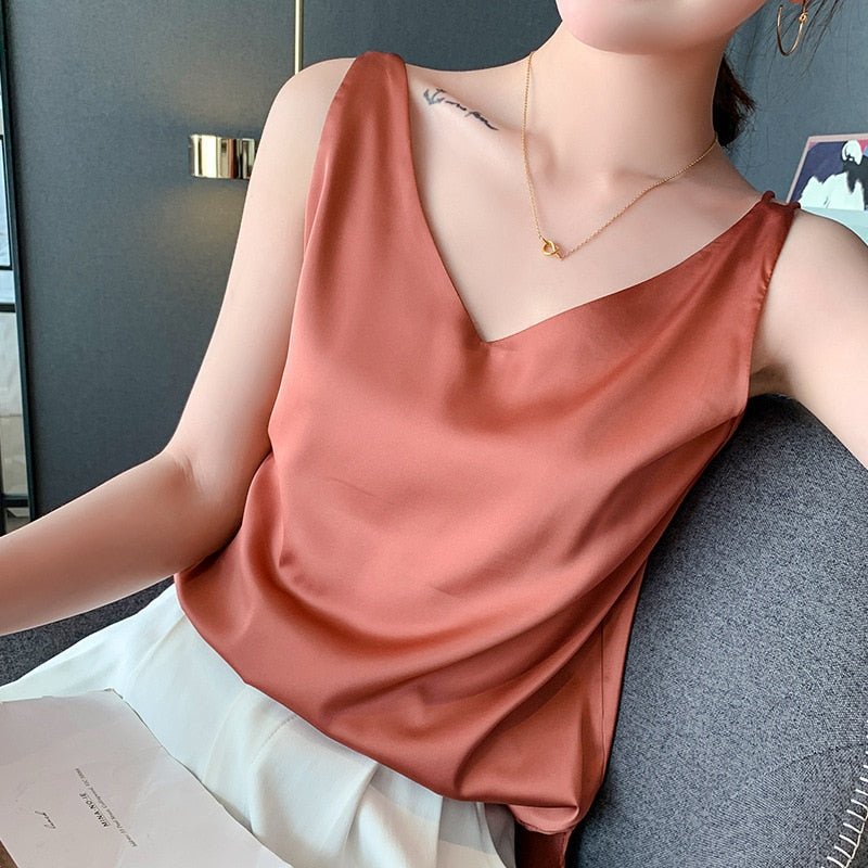 Kvinnors Tank Top V-ringning Silke Lätt Lös Passform-4