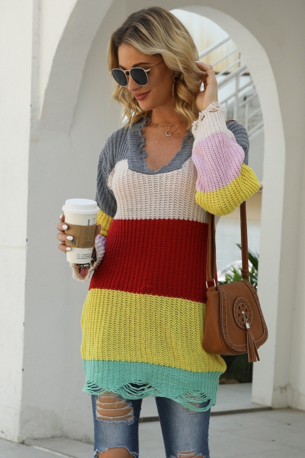 Dam Långärmad T-shirt U-hals i Mjuk Bomull med Kontrast Lapptäckedesign 3