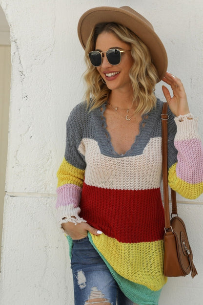 Dam Långärmad T-shirt U-hals i Mjuk Bomull med Kontrast Lapptäckedesign 6