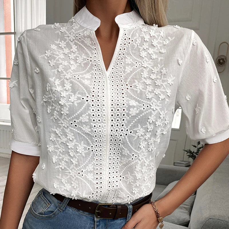 Dam Blus V-ringad Elegant Design Högkvalitativt Tyg-2