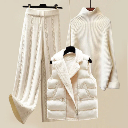 Dam Turtleneck Set Kabelstickad Borstad Bomull 1