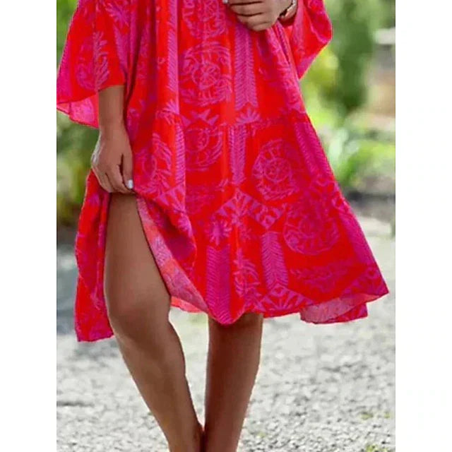 Eleganta Damklänningar Midi med Blommönster och V-ringning – 3/4 Ärmar i Polyester, Lätt och Bekväm 2