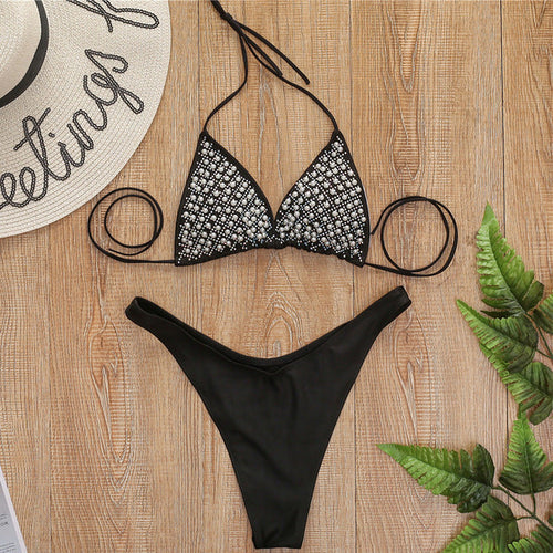 Dam Bikini Set Djup Midja med Pärla och Strass i Polyester och Spandex-1
