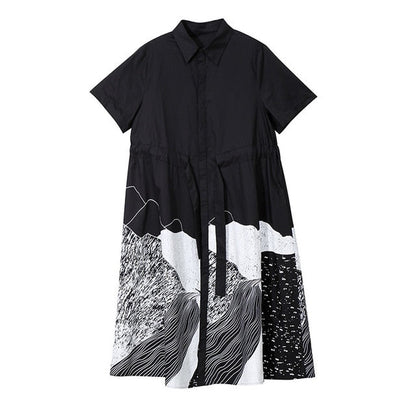 A-linjeformad Midi Klänning i Bomull och Rayon med Korta Ärmar och Slipningstryck – Avslappnad Sommarstil 1