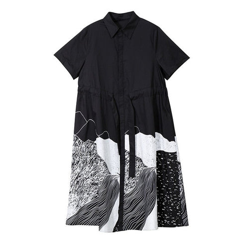 A-linjeformad Midi Klänning i Bomull och Rayon med Korta Ärmar och Slipningstryck – Avslappnad Sommarstil 1