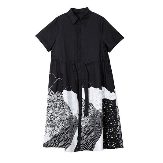 A-linjeformad Midi Klänning i Bomull och Rayon med Korta Ärmar och Slipningstryck – Avslappnad Sommarstil 1