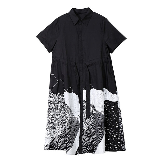 A-linjeformad Midi Klänning i Bomull och Rayon med Korta Ärmar och Slipningstryck – Avslappnad Sommarstil 7