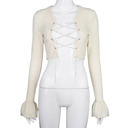 Långärmad Dam Crop Top med V-hals och Ruffles i Polyester och Bomull – Kort Klädlängd, Perfekt för Högmidjade Byxor eller Kjolar 1