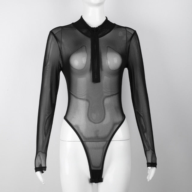 Bodysuit Dam Transparent Långärmad Spandex med Dragkedja och Stativkrage-1