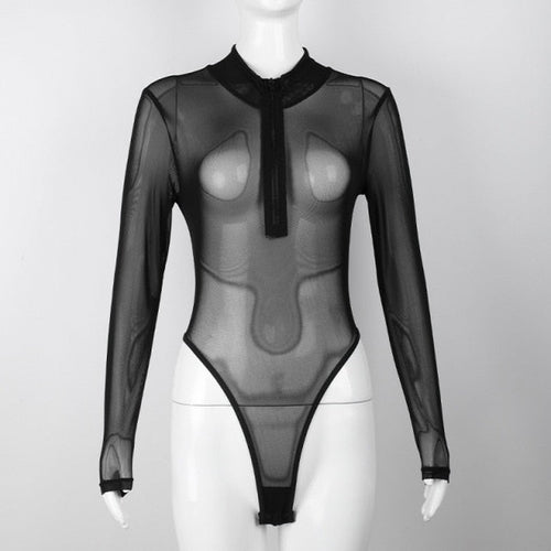 Bodysuit Dam Transparent Långärmad Spandex med Dragkedja och Stativkrage-1