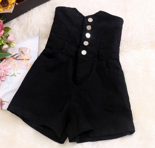 Dam Jumpsuit Kort Bomull och Denim med Ficka och Knappdekoration-1