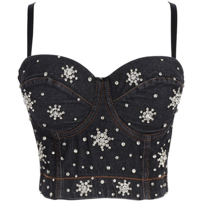 Dam Bustier Justerbar Denim med Pärldetaljer-1