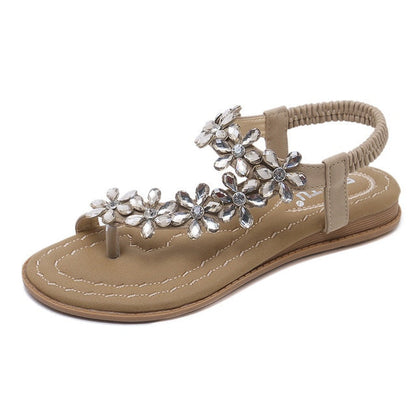 Sandaler Dam T-Band i PU-Läder med Blommor och Strass – Öppen Sula för Komfort och Stil 7
