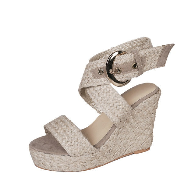 Kilformade Sandaler Dam med Flätade Remmar i Hampa – Öppen Tå och Hög Häl för Sommarens Evenemang 1