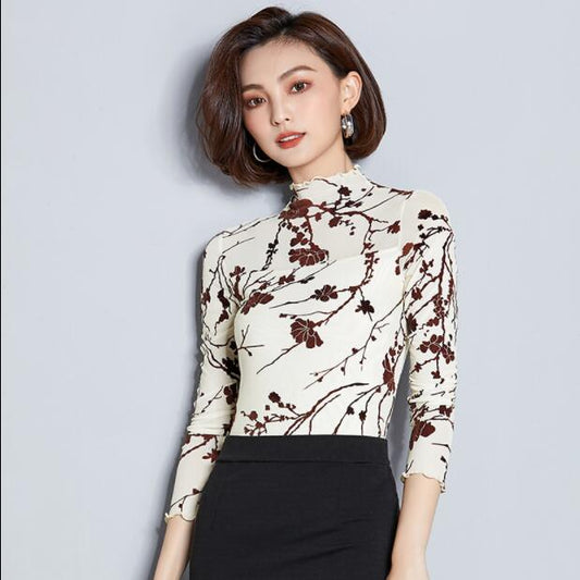 Dam Blus Långärmad Mesh Blommönster Polyester-1