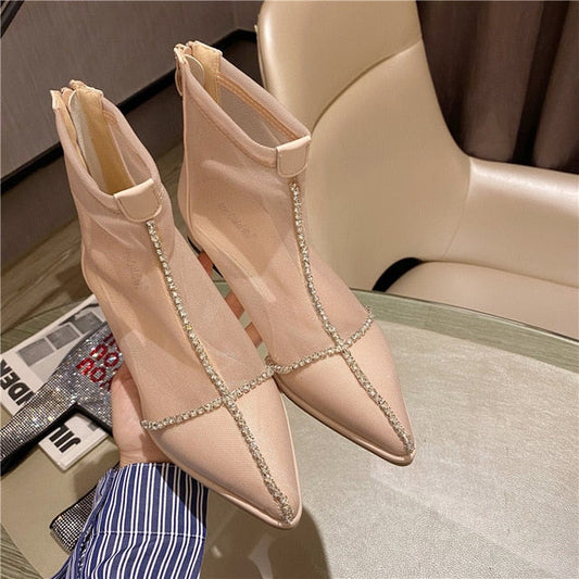 Ankelstövlar Dam med Spetsig Tå och Fyrkantig Häl i Andningsbart Mesh – Eleganta Chelsea Boots 1
