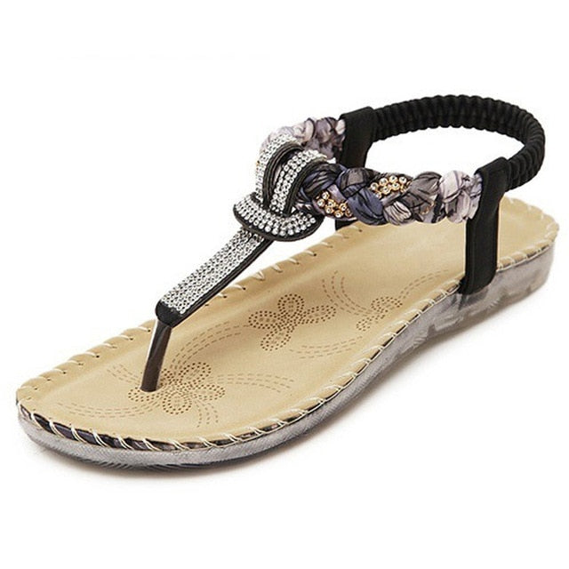 Boho Sandaler Dam T-strap med Strassdetaljer – PU-läder, Platta, Öppen Tå, Elastiska Band 8