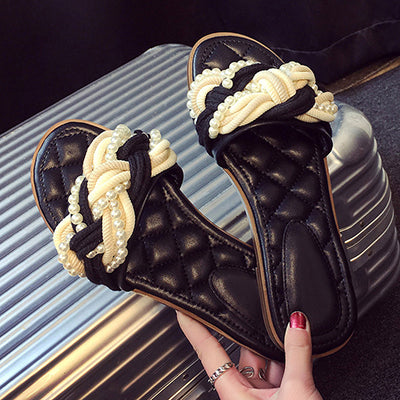 Dam Sandaler Platta PU-Läder med Pärldetaljer-1