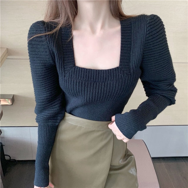 Dam Tröja Fyrkantig Halsringning Ballongärmar Nylon Viskos-1