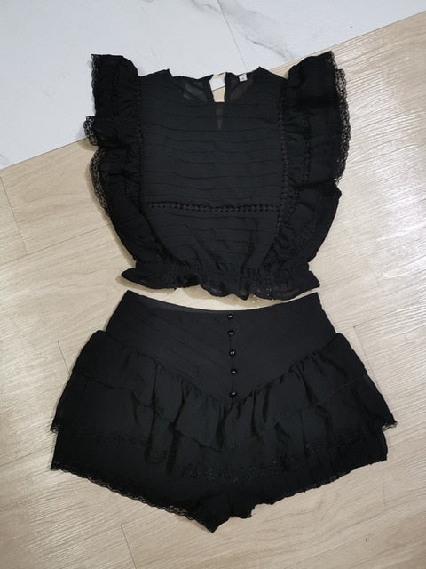Dam Kort Set Veckad Topp Polyester Blommönster Shorts-1