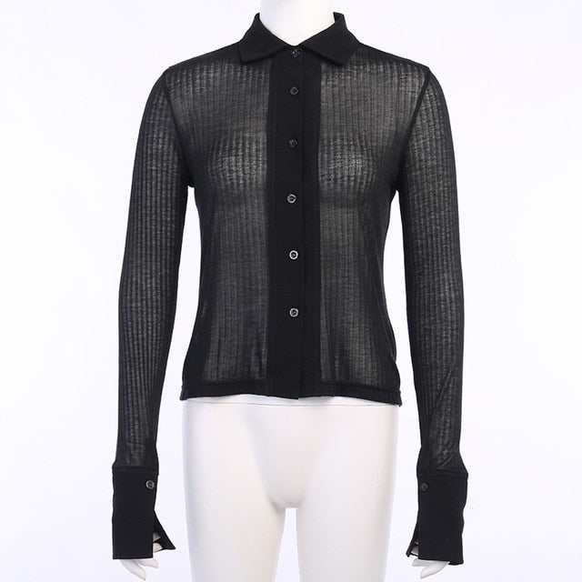 Långärmad T-shirt Dam Transparent Polyester med Krage-1