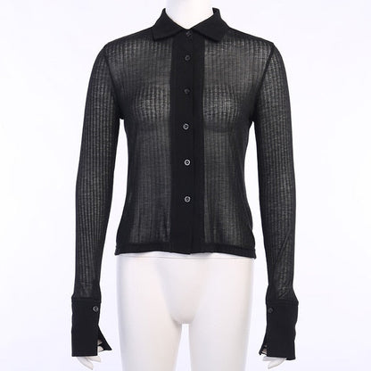 Långärmad T-shirt Dam Transparent Polyester med Krage-1