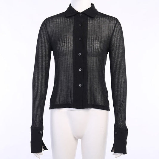 Långärmad T-shirt Dam Transparent Polyester med Krage-1