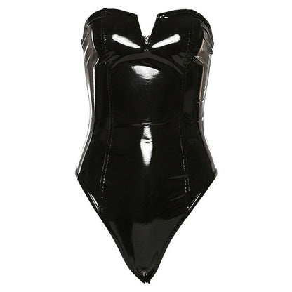 Dam Bodysuit Fitted PU Polyester med Dragkedja-1
