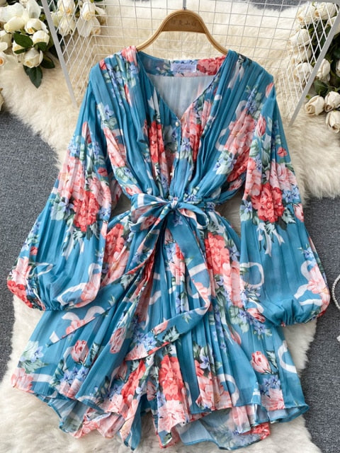 Blommig Dam Overall med Långärmad V-Ringning i Mjuk Polyester – Hög Midja och Lös Passform 9