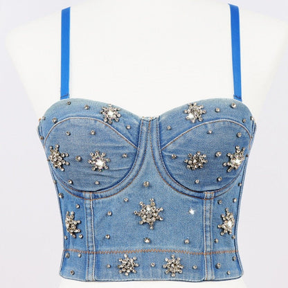 Dam Bustier Justerbar Denim med Pärldetaljer-4