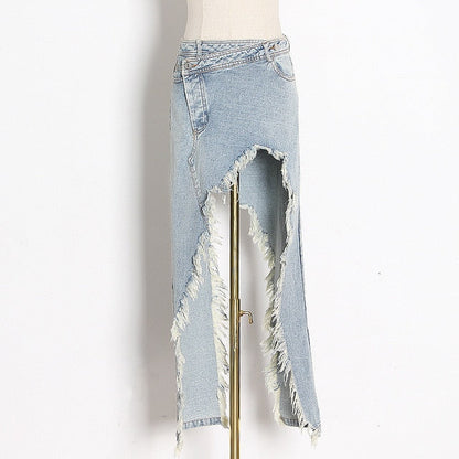Kvinnors Asymmetriska Jeans i Bomull och Spandex-1
