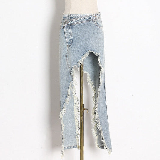 Kvinnors Asymmetriska Jeans i Bomull och Spandex-1