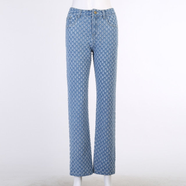 Dam Jeans med Raka Ben och Geometriskt Mönster i Bomull och Polyester – Casual Stil, Falsk Denim 4