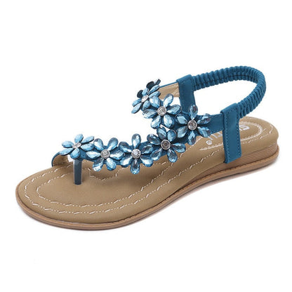 Sandaler Dam T-Band i PU-Läder med Blommor och Strass – Öppen Sula för Komfort och Stil 9