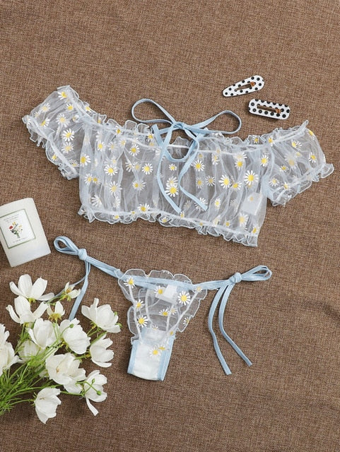 Damunderkläder Set Blommönster Polyester med Snörningsdetaljer och Broderi 1