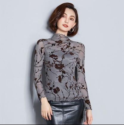 Dam Blus Långärmad Mesh Blommönster Polyester-6
