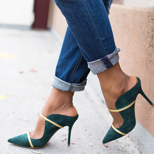 Dam Skor Skarpin Gyllene Flock 9 cm Häl-1