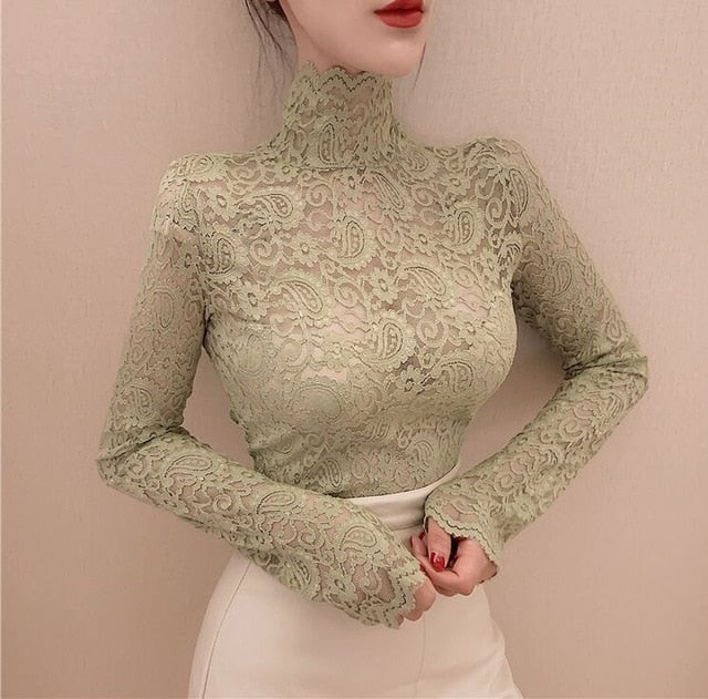 Variant image for Kvinnors Turtleneck Top Spetsmönster Polyester Spandex-3