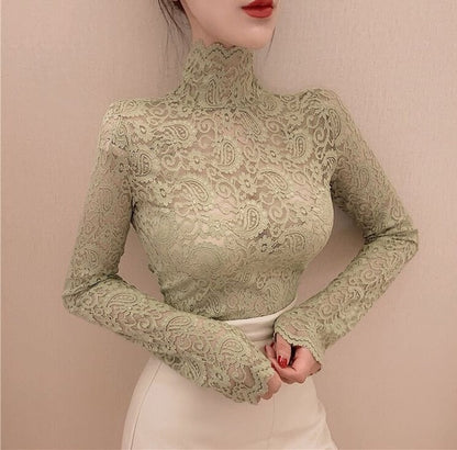 Variant image for Kvinnors Turtleneck Top Spetsmönster Polyester Spandex-3