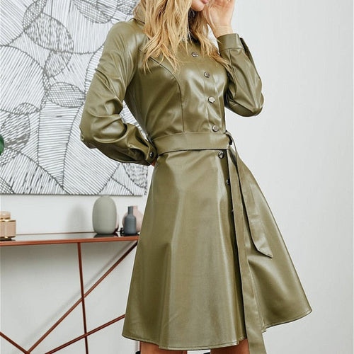 Damklänning A-linje Polyester med Vänd Krage och Fullärmad Design-1