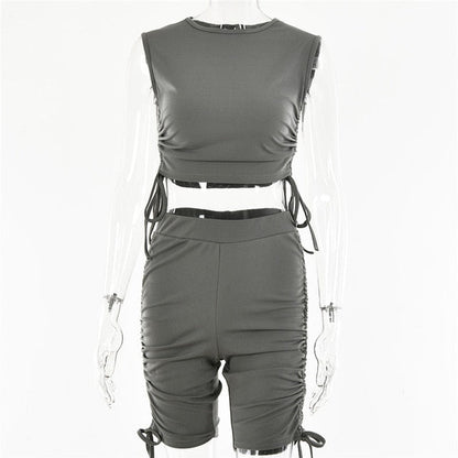 Dam Korta Uppsättningar Crop Top Elastisk Midja Polyester Spandex-4