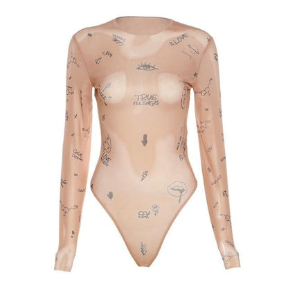 Dam Bodysuit Transparent Långärmad Spandex Elegant Design-1