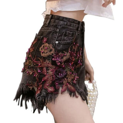 Variant image for Dam Jeansshorts Hög Midja Blommig Dekoration Bomull-15