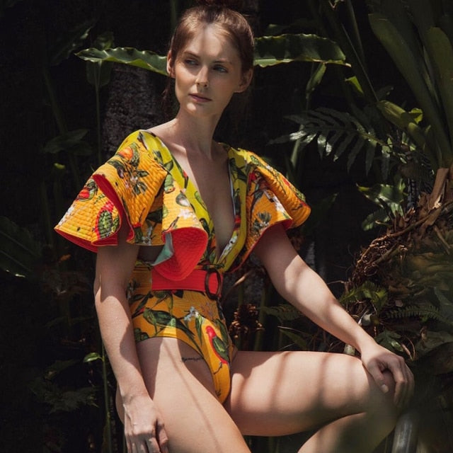 Dam Bodysuit Blommönster V-Hals Polyester med Fjärilärmar-1