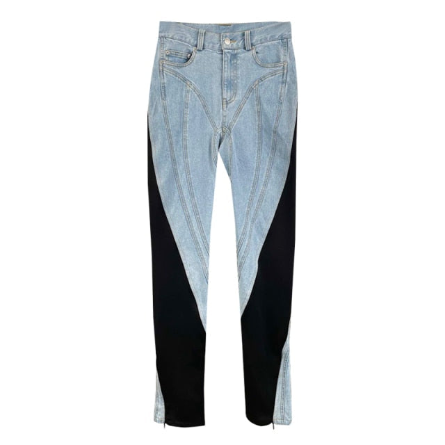 Smala Jeans för Damer med Klippta Dekorationer och PU-Läder – Hög Midja, Regelbunden Passform, Tvättad Denim 8