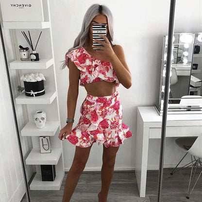 Dam Blommig Uppsättning Kortärmad Polyester-1