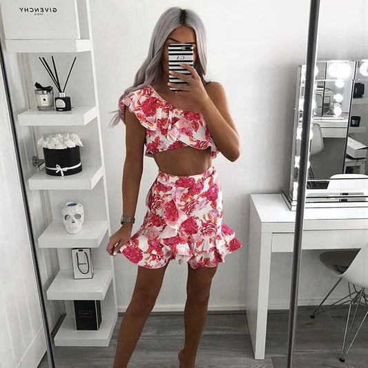 Dam Blommig Uppsättning Kortärmad Polyester-1