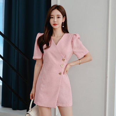 Dam Klänning V-ringning Puffärmar Bomull Fina Damklänningar-1