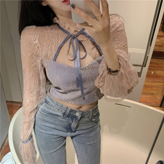 Dam Blus Transparent med Voluminösa Ärmar Polyester och Bomull-1